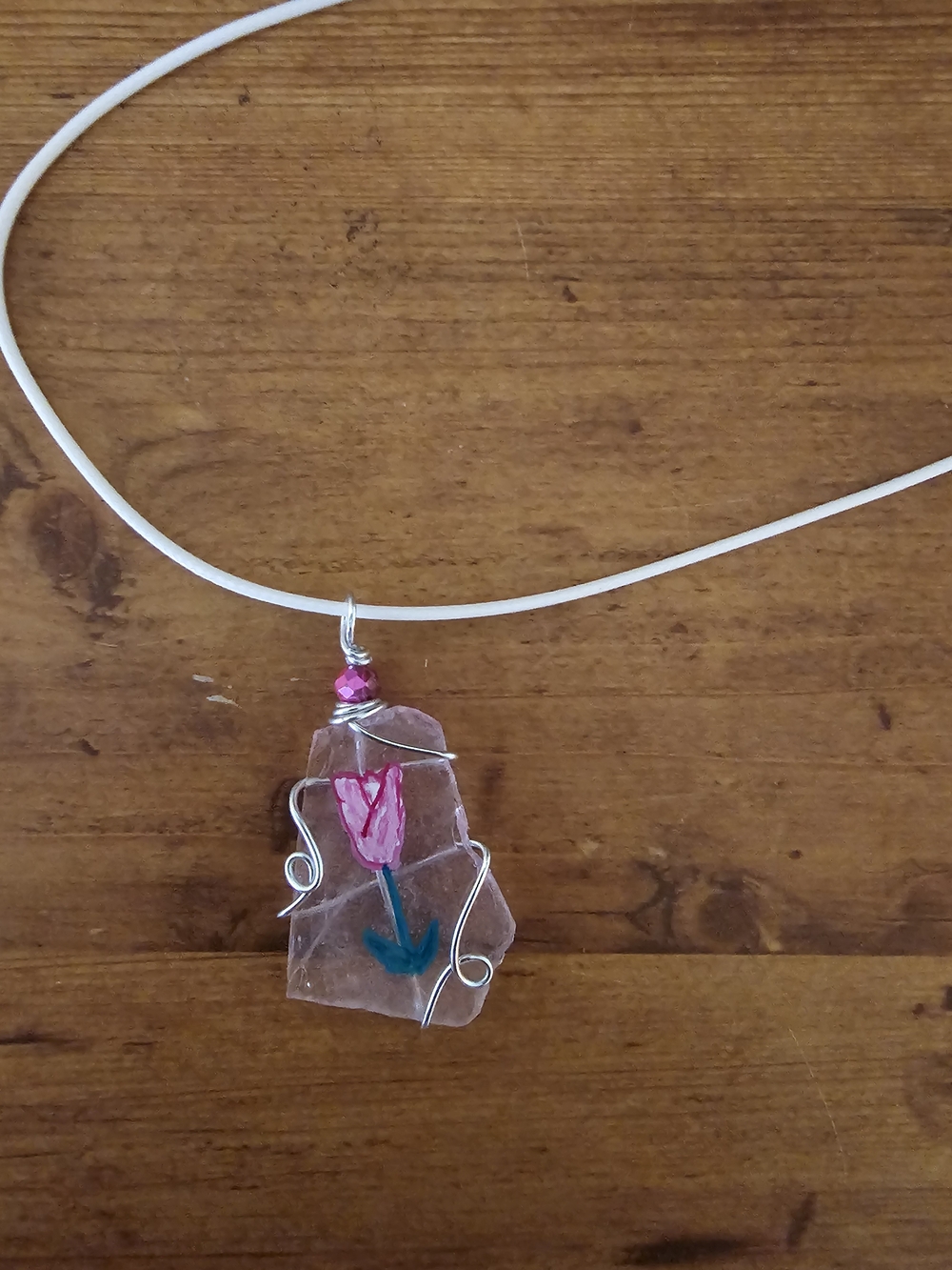 Pink Hand-Painted Tulip Flower Sea Glass Pendant Necklace with Silver Wire